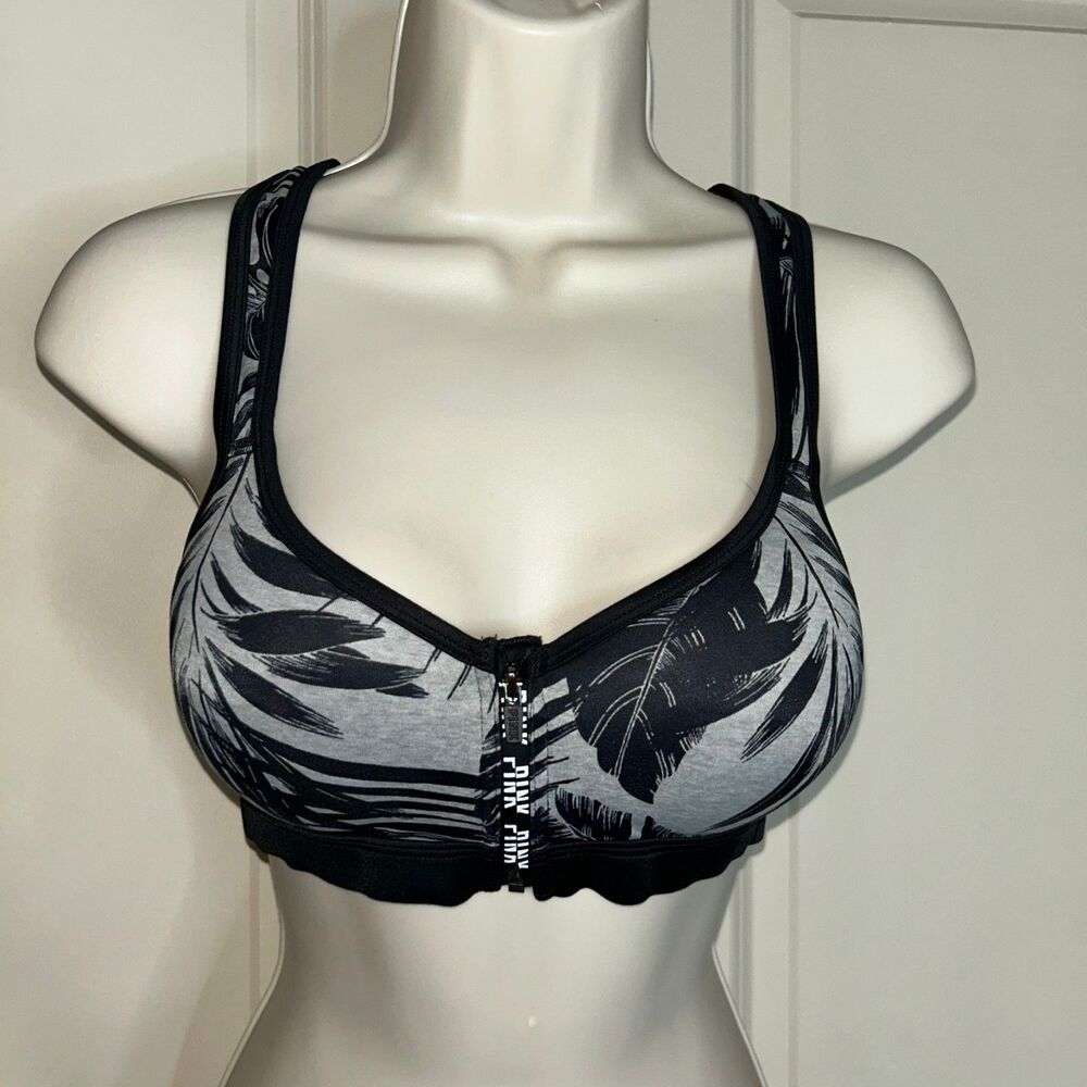 Victoria’s Secret PINK Zip-Front Sports Bra – Tropical Palm Print, Size Small